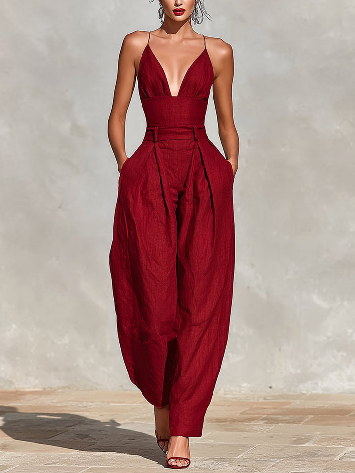 Damen High-Waist Leinen Wide-Leg Spaghetti-Träger Jumpsuit - Red