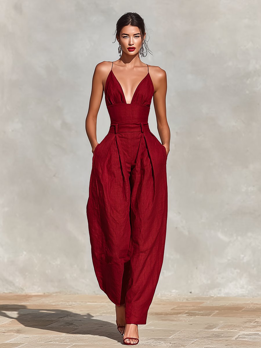 Damen High-Waist Leinen Wide-Leg Spaghetti-Träger Jumpsuit