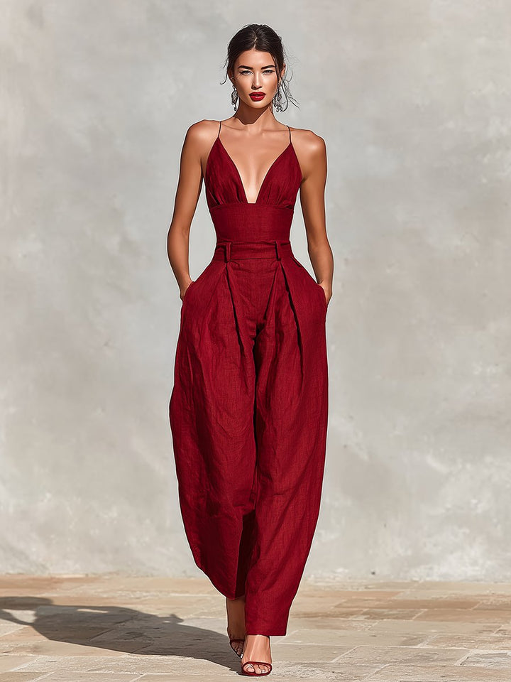 Damen High-Waist Leinen Wide-Leg Spaghetti-Träger Jumpsuit