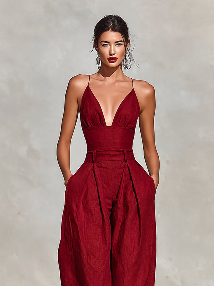 Damen High-Waist Leinen Wide-Leg Spaghetti-Träger Jumpsuit