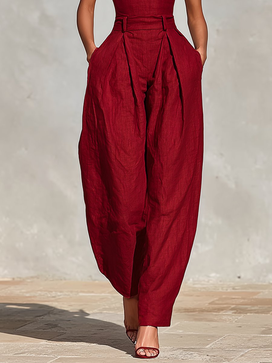 Damen High-Waist Leinen Wide-Leg Spaghetti-Träger Jumpsuit