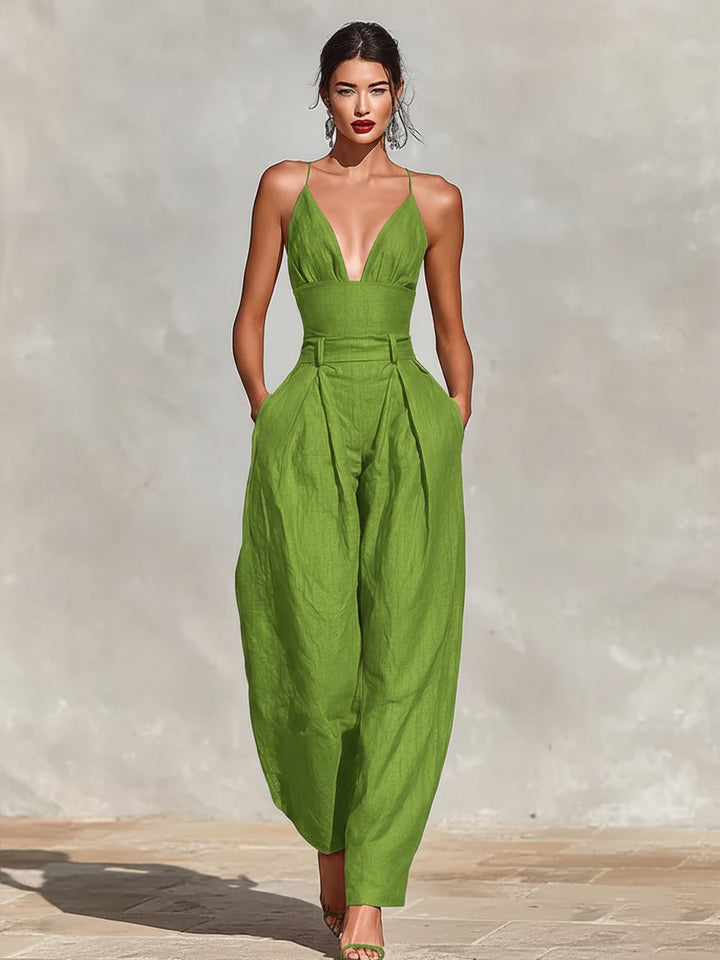 Damen High-Waist Leinen Wide-Leg Spaghetti-Träger Jumpsuit - Green