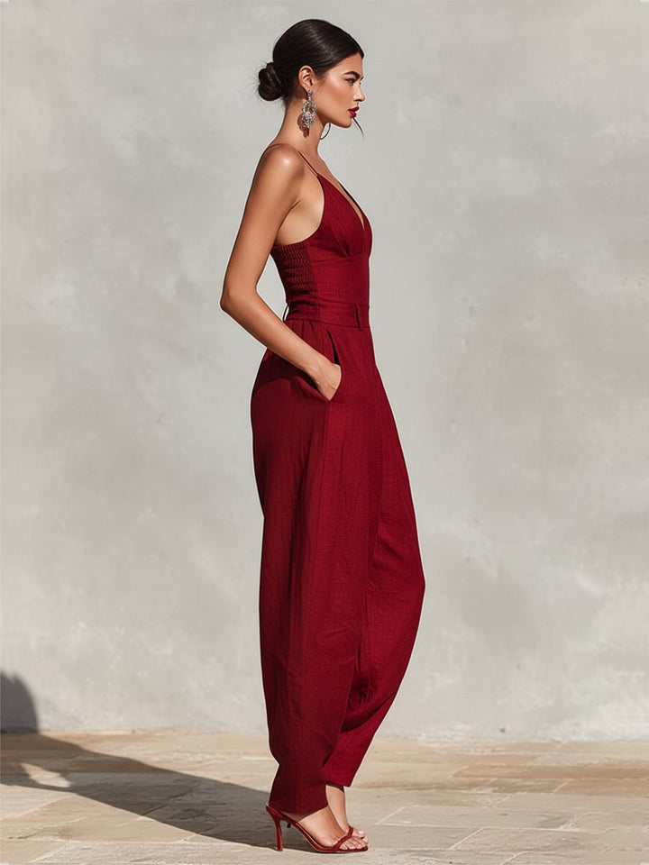 Damen High-Waist Leinen Wide-Leg Spaghetti-Träger Jumpsuit