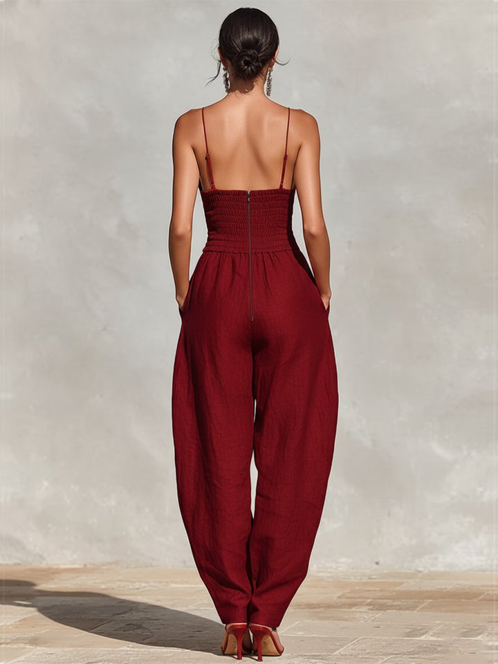 Damen High-Waist Leinen Wide-Leg Spaghetti-Träger Jumpsuit