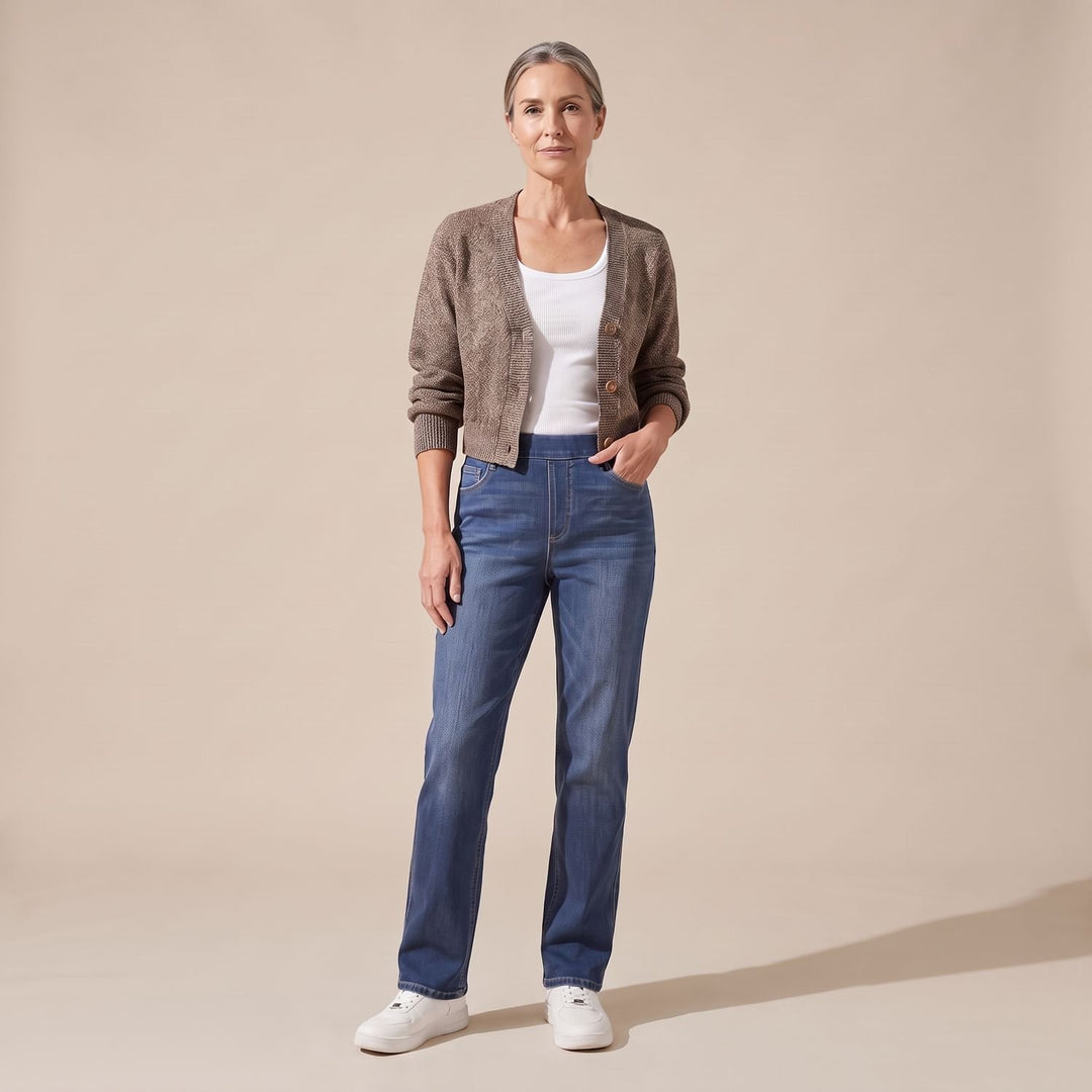 Damen High-Waist Stretch Pull-On Jeans mit tiefen Taschen - Blau Denim