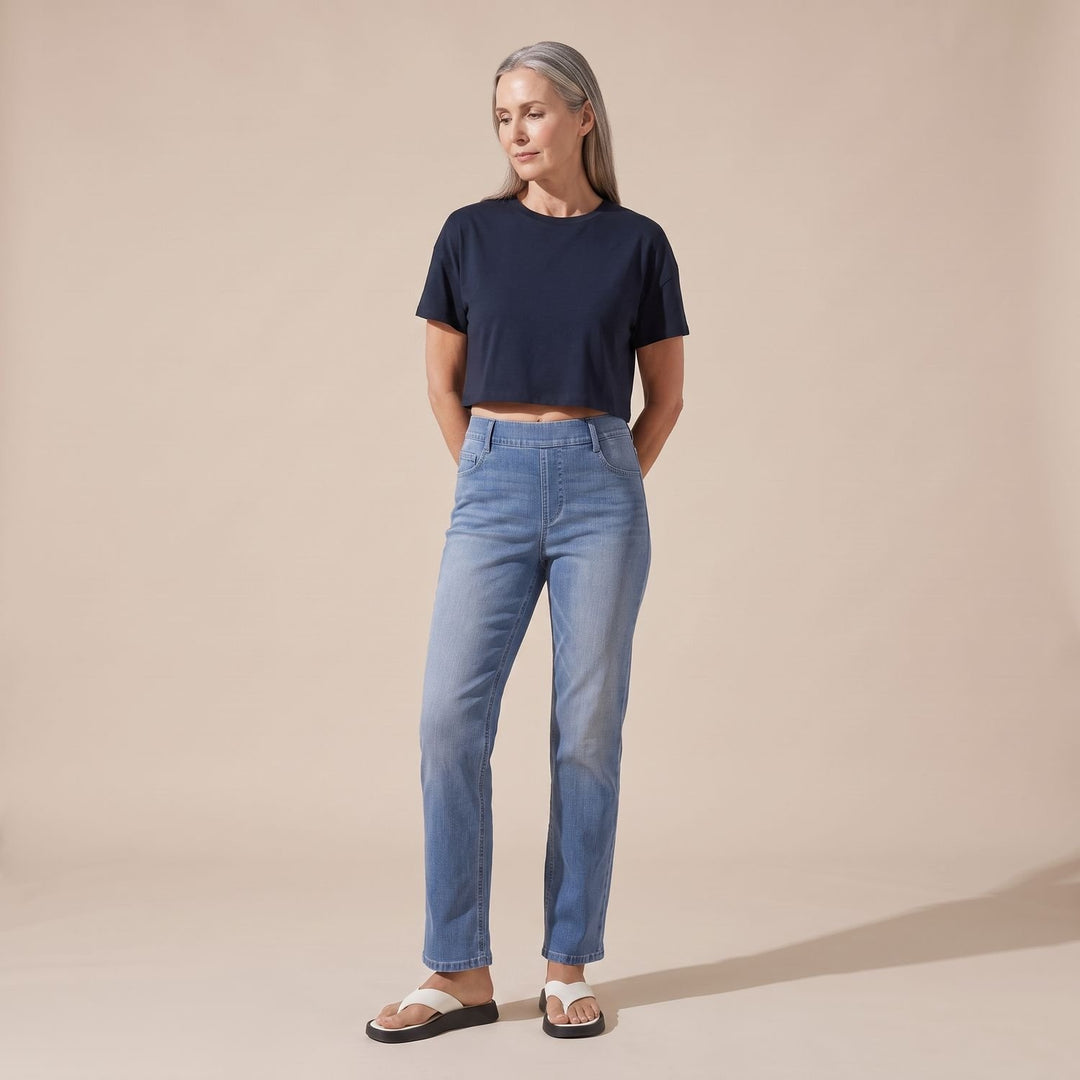 Damen High-Waist Stretch Pull-On Jeans mit tiefen Taschen