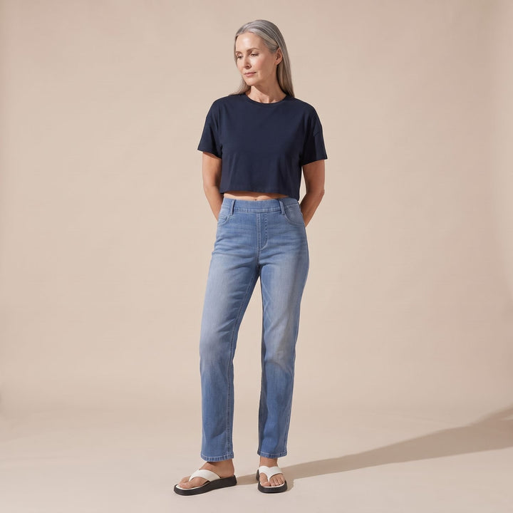 Damen High-Waist Stretch Pull-On Jeans mit tiefen Taschen