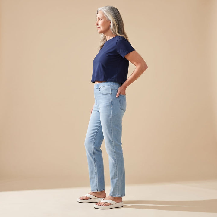 Damen High-Waist Stretch Pull-On Jeans mit tiefen Taschen