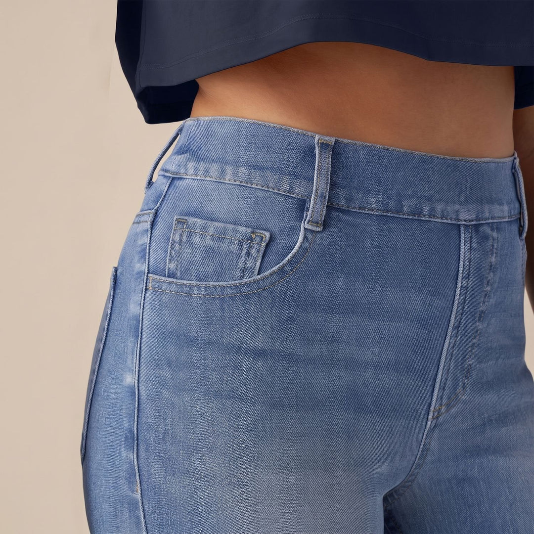 Damen High-Waist Stretch Pull-On Jeans mit tiefen Taschen