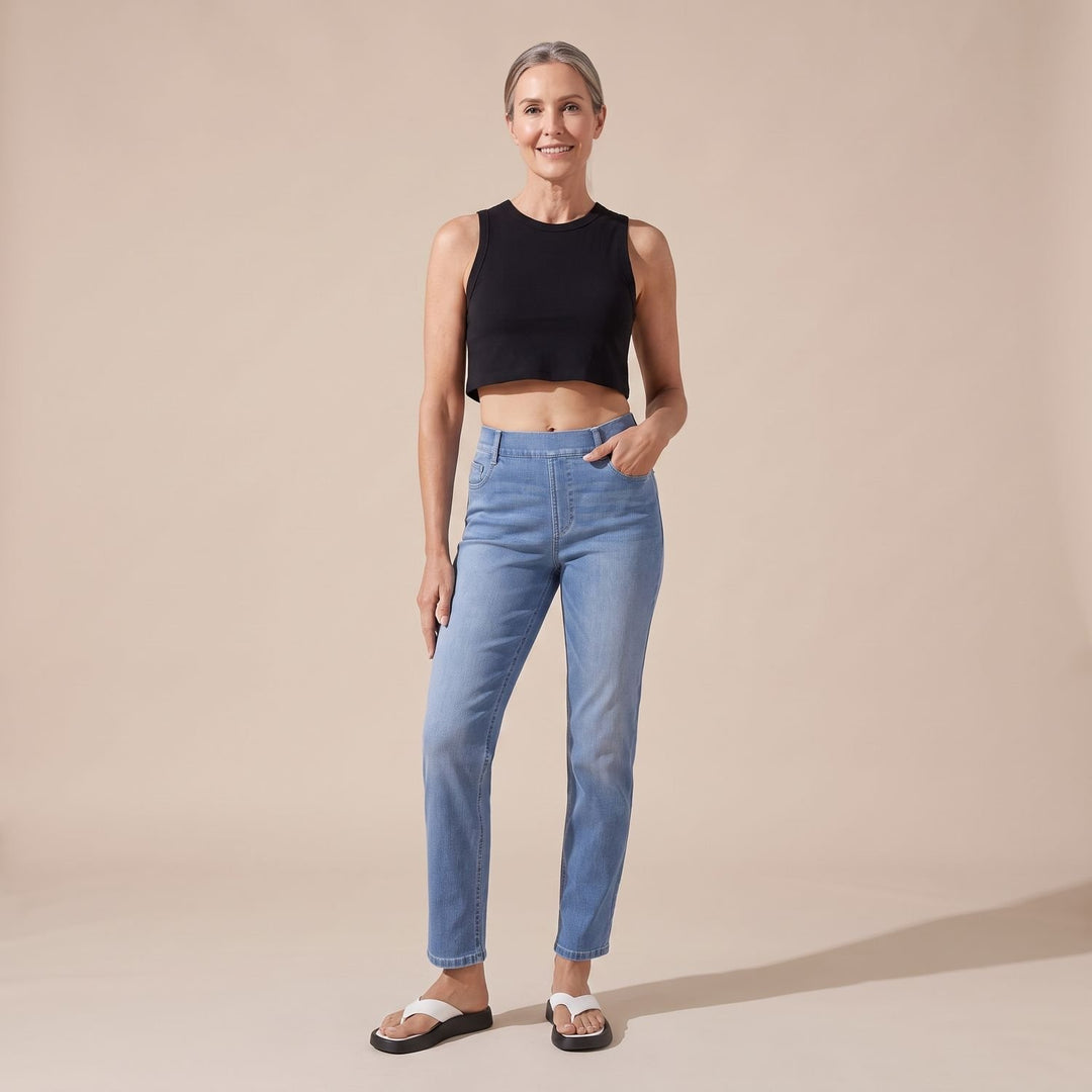 Damen High-Waist Stretch Pull-On Jeans mit tiefen Taschen - Meeresblau Denim