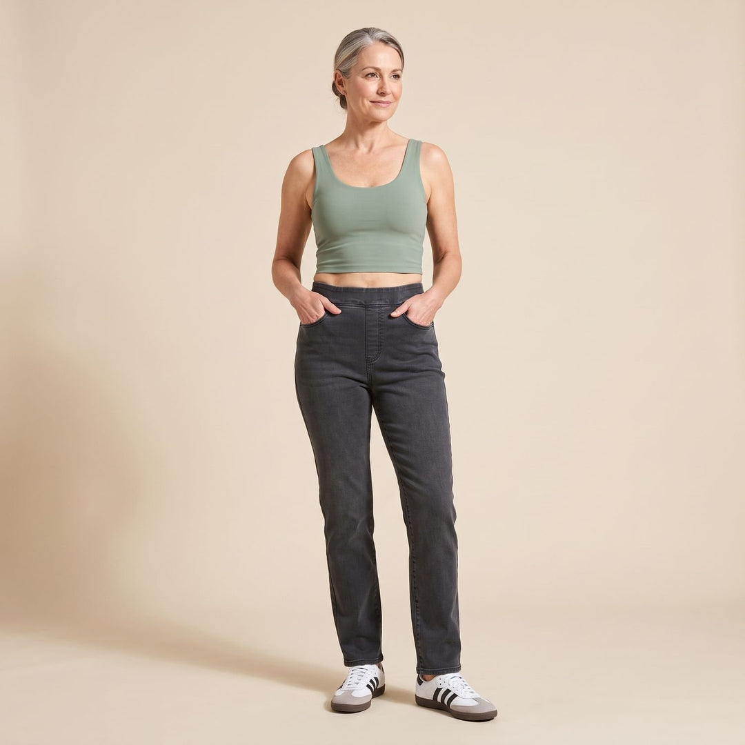Damen High-Waist Stretch Pull-On Jeans mit tiefen Taschen