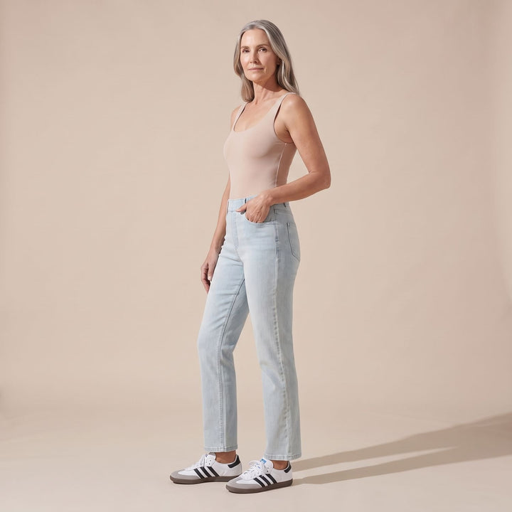 Damen High-Waist Stretch Pull-On Jeans mit tiefen Taschen