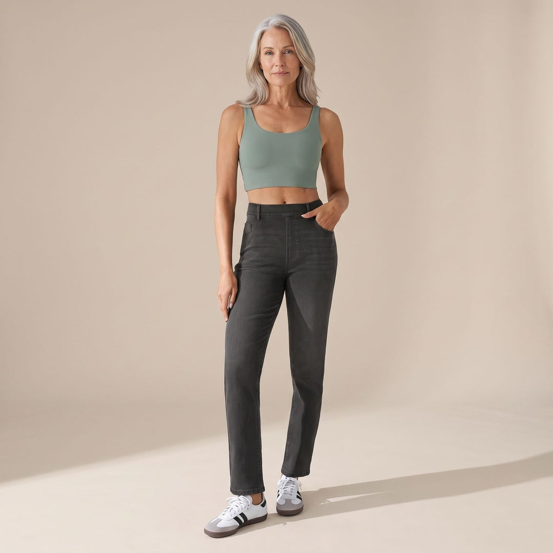Damen High-Waist Stretch Pull-On Jeans mit tiefen Taschen - Schwarz