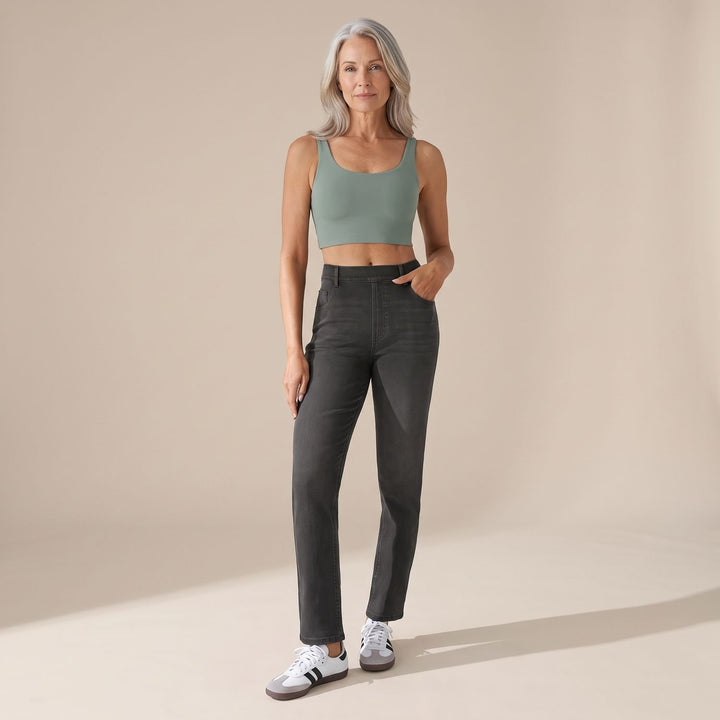 Damen High-Waist Stretch Pull-On Jeans mit tiefen Taschen - Schwarz