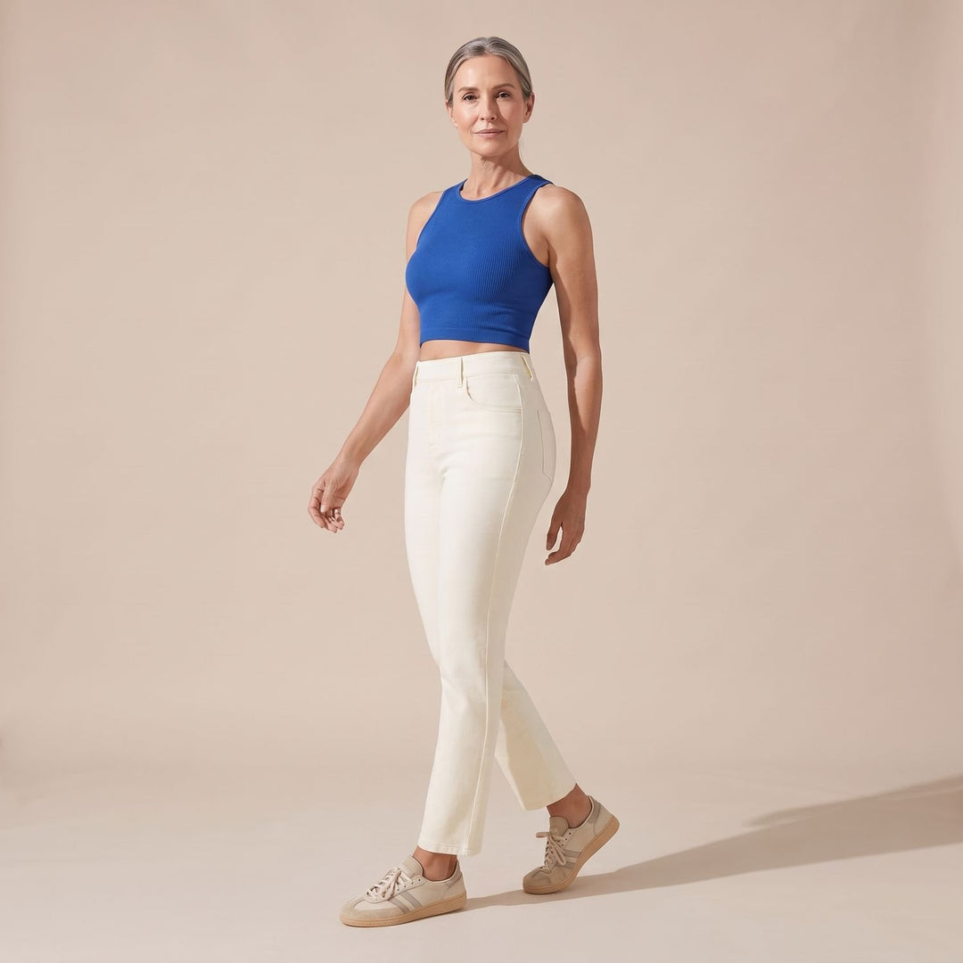 Damen High-Waist Stretch Pull-On Jeans mit tiefen Taschen