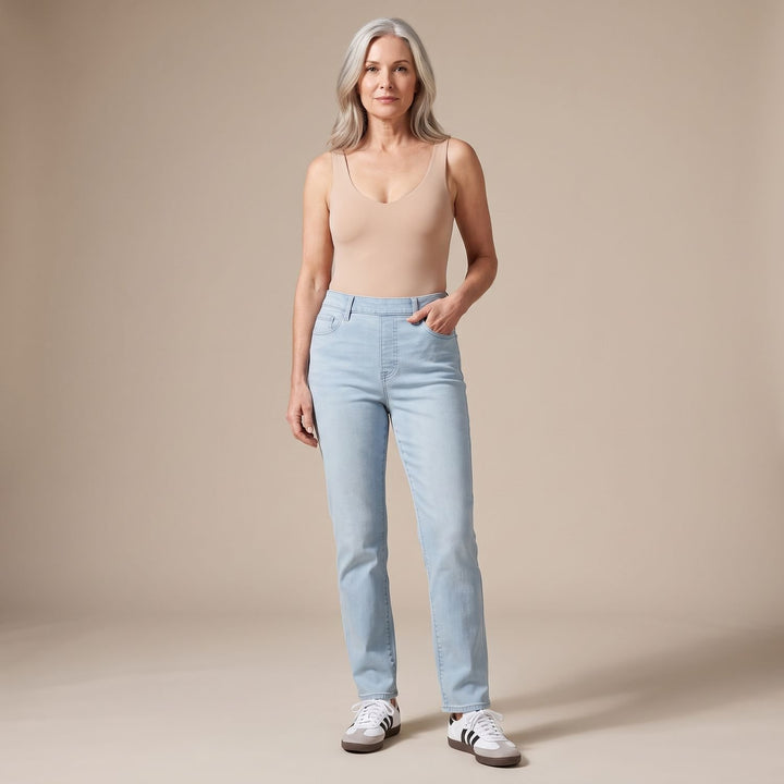 Damen High-Waist Stretch Pull-On Jeans mit tiefen Taschen - Dunkelblau Denim