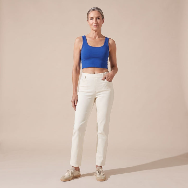 Damen High-Waist Stretch Pull-On Jeans mit tiefen Taschen - Weiß