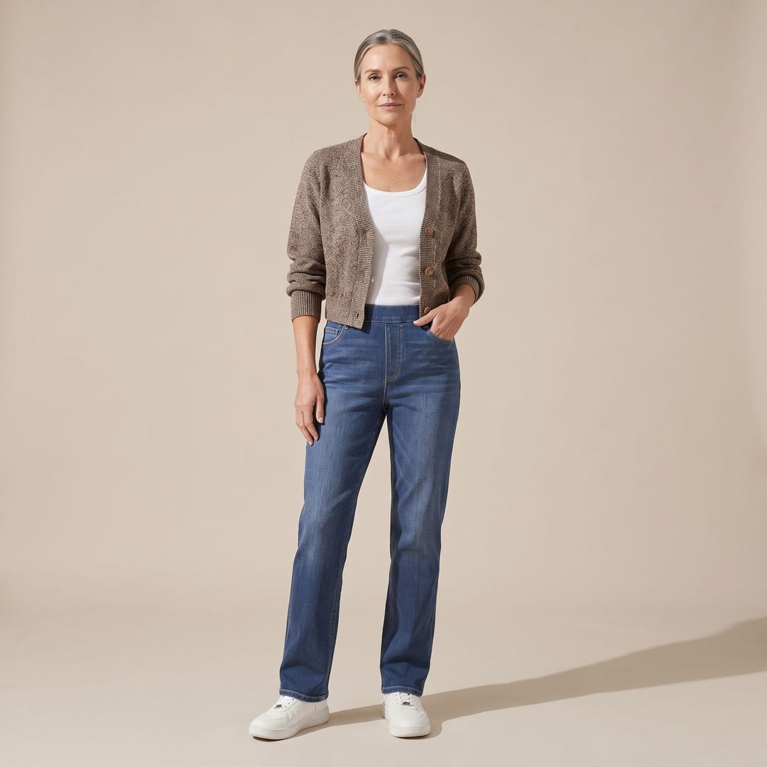 Damen High-Waist Stretch Pull-On Jeans mit tiefen Taschen