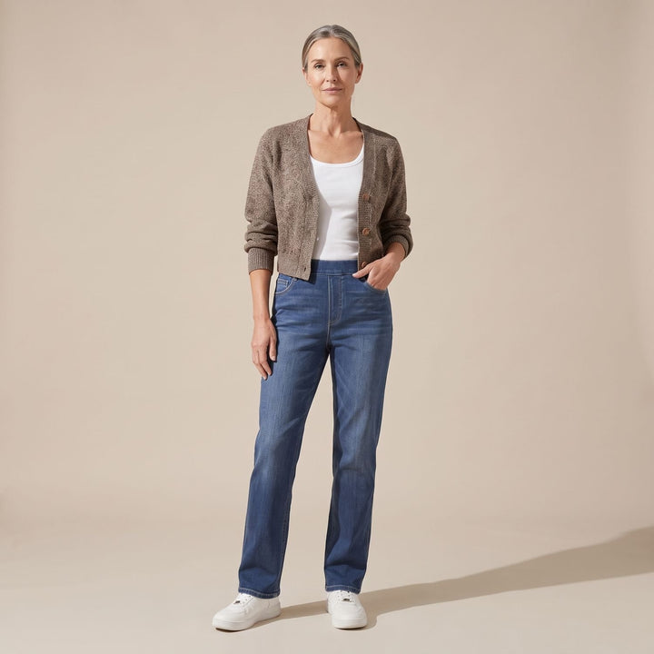 Damen High-Waist Stretch Pull-On Jeans mit tiefen Taschen
