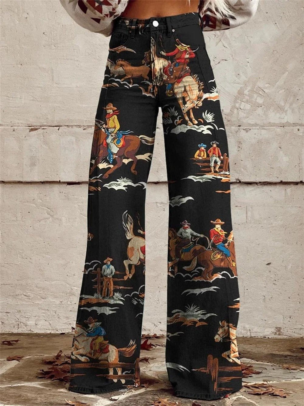Damen High-Waist Western-Print Denim Marlene-Hose - Black