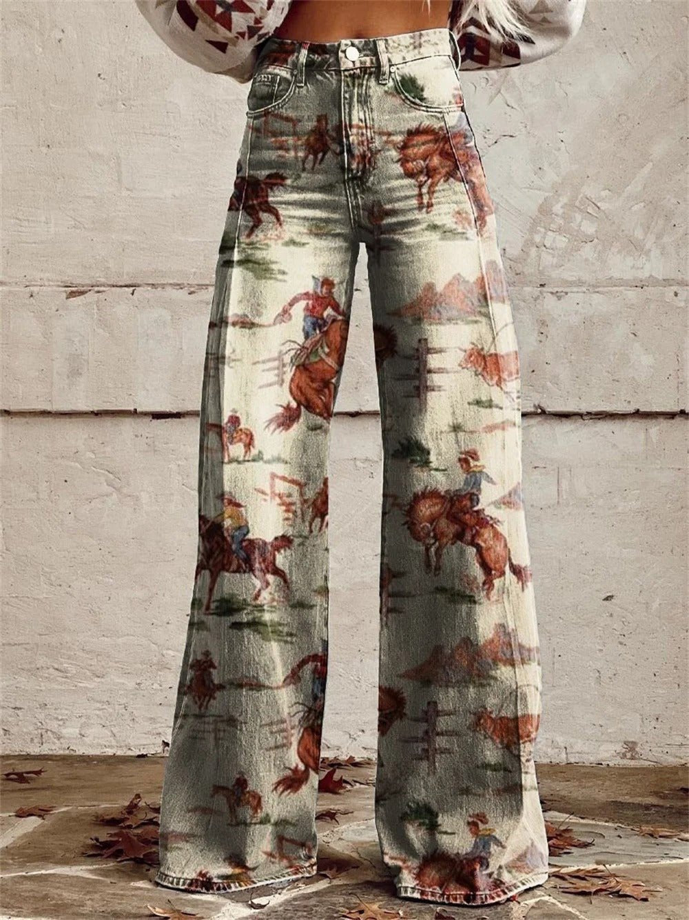 Damen High-Waist Western-Print Denim Marlene-Hose - Beige