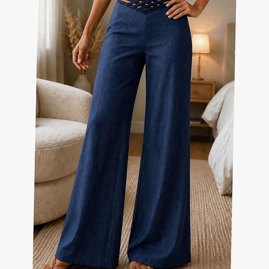 Damen High-Waist Wide-Leg Hose mit Crossover-Bund - Navyblau