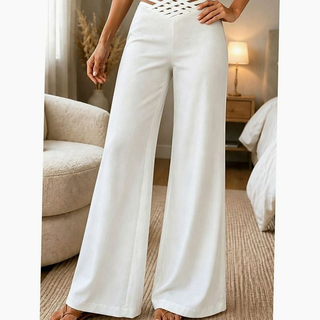 Damen High-Waist Wide-Leg Hose mit Crossover-Bund - Weiß