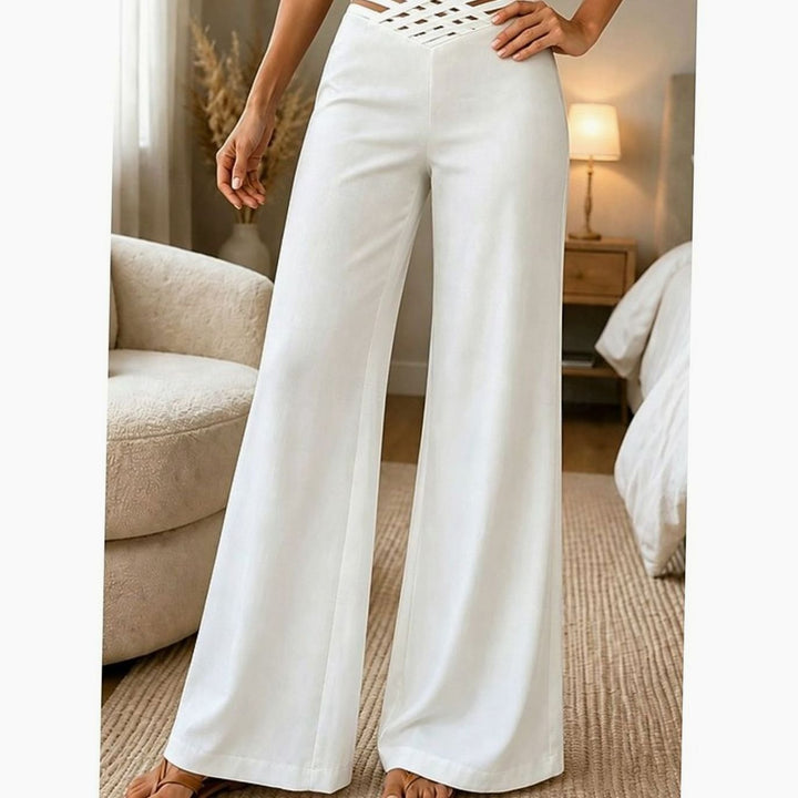 Damen High-Waist Wide-Leg Hose mit Crossover-Bund - Weiß