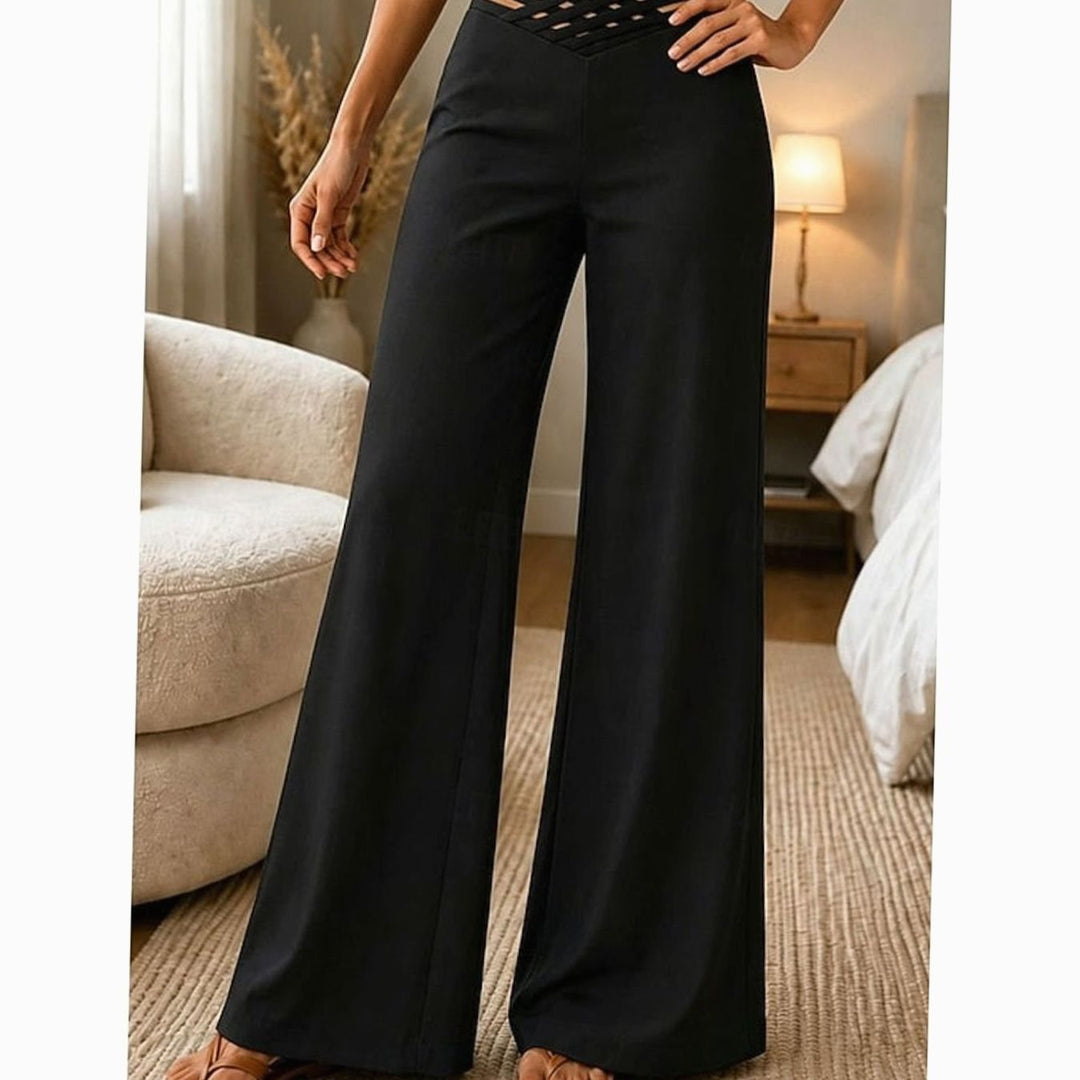 Damen High-Waist Wide-Leg Hose mit Crossover-Bund - Schwarz