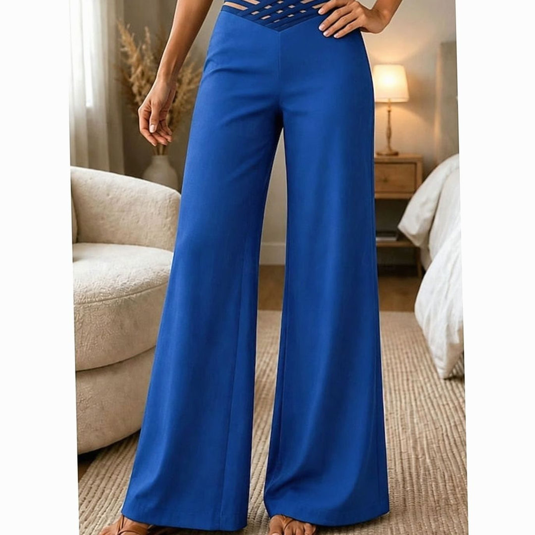 Damen High-Waist Wide-Leg Hose mit Crossover-Bund - Blau