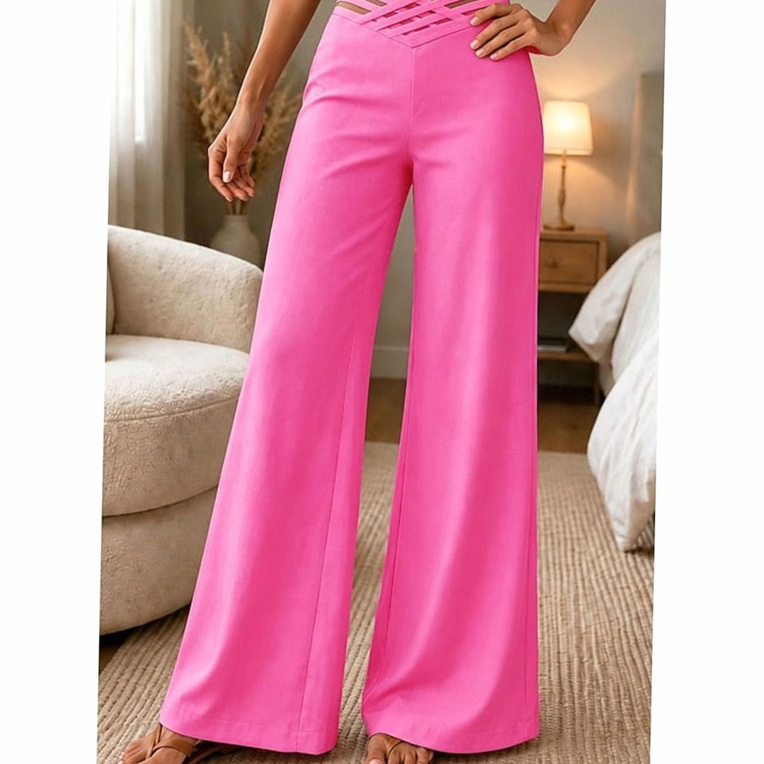 Damen High-Waist Wide-Leg Hose mit Crossover-Bund - Fuchsia
