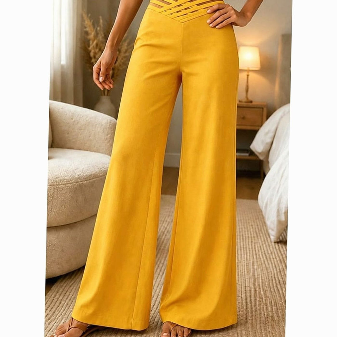 Damen High-Waist Wide-Leg Hose mit Crossover-Bund - Gelb