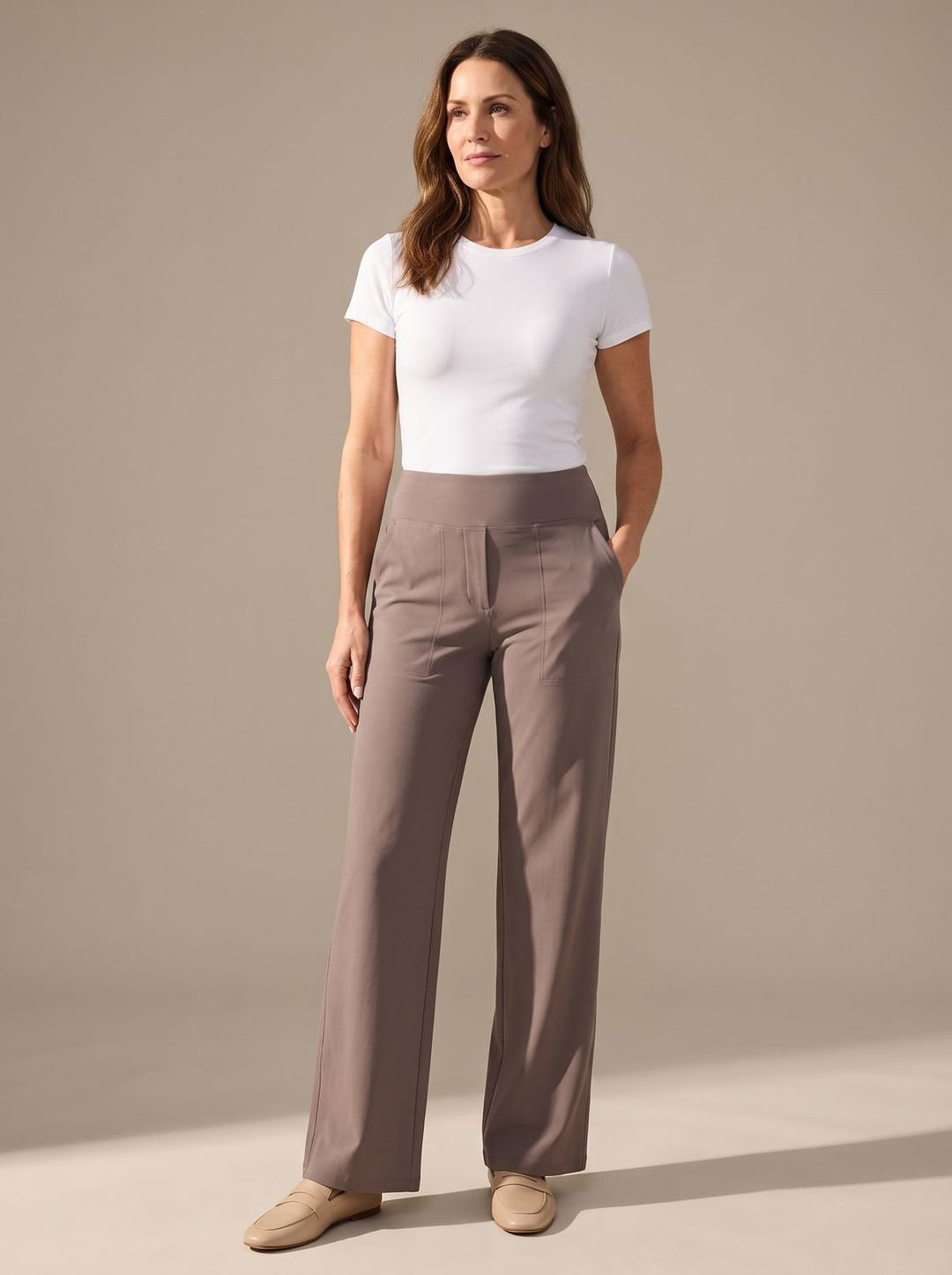 Damen Highwaist Wide-Leg Hose mit elastischem Bund und Taschen - Taupe