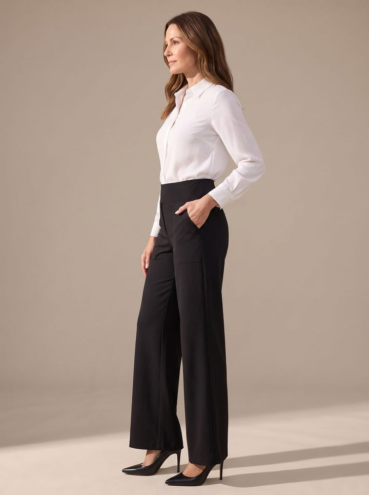 Damen Highwaist Wide-Leg Hose mit elastischem Bund und Taschen - Schwarz
