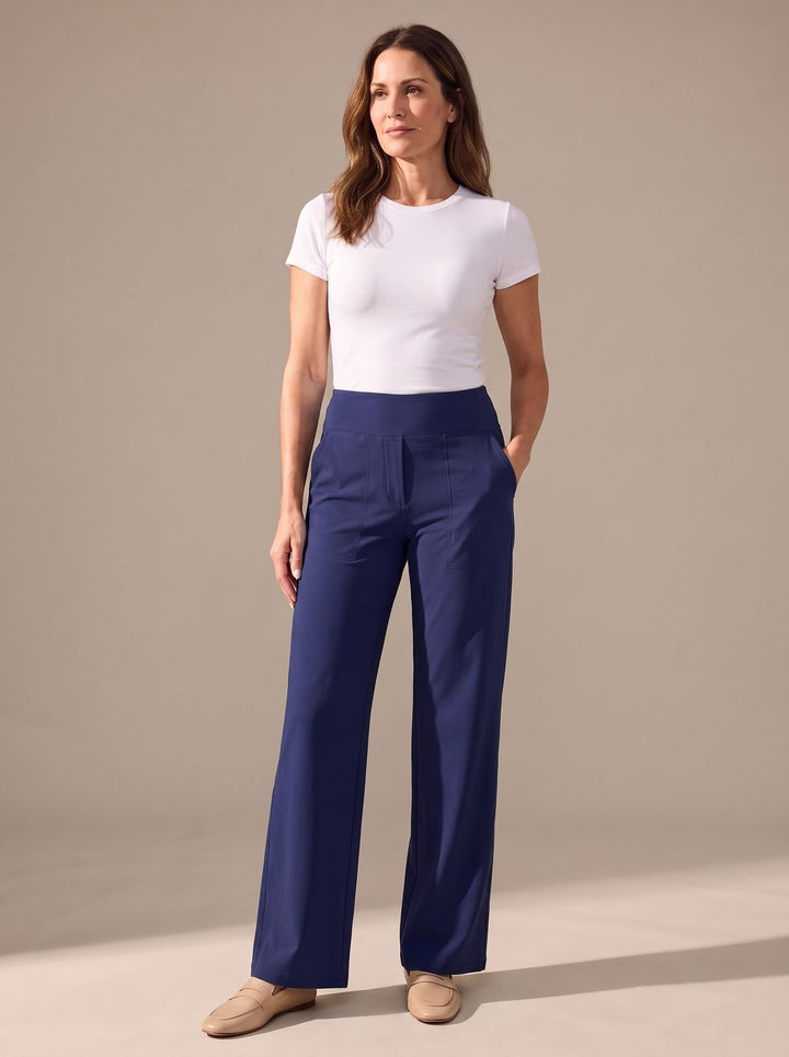 Damen Highwaist Wide-Leg Hose mit elastischem Bund und Taschen - Blau
