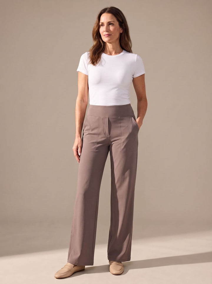 Damen Highwaist Wide-Leg Hose mit elastischem Bund und Taschen - Braun