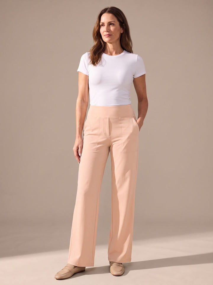 Damen Highwaist Wide-Leg Hose mit elastischem Bund und Taschen - Aprikose