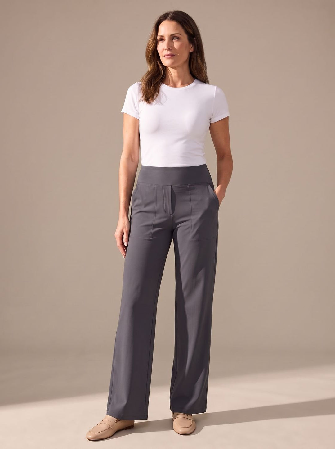 Damen Highwaist Wide-Leg Hose mit elastischem Bund und Taschen - Grau