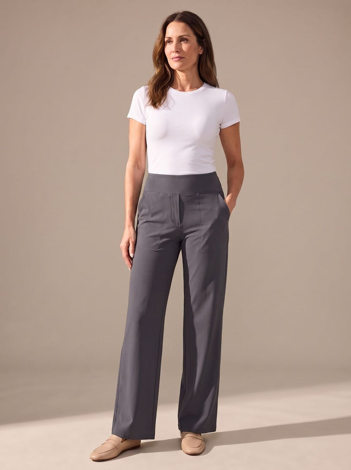 Damen Highwaist Wide-Leg Hose mit elastischem Bund und Taschen - Grau