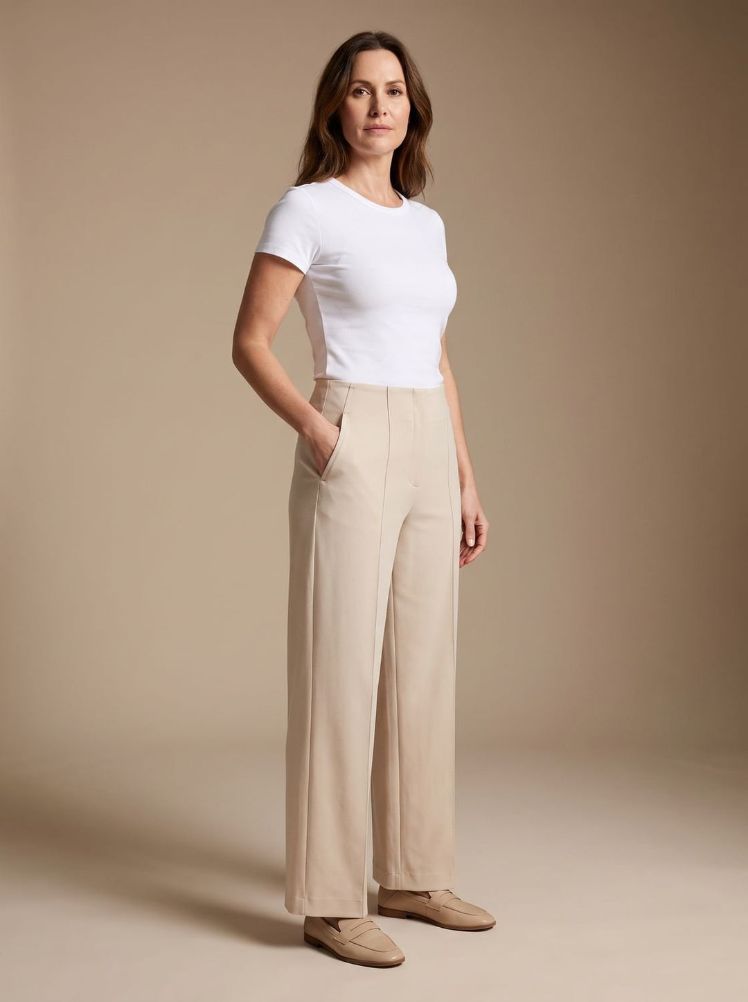 Damen Highwaist Wide-Leg Hose mit elastischem Bund und Taschen - Creme