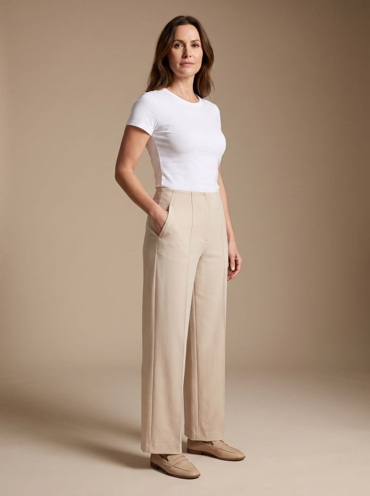 Damen Highwaist Wide-Leg Hose mit elastischem Bund und Taschen - Creme
