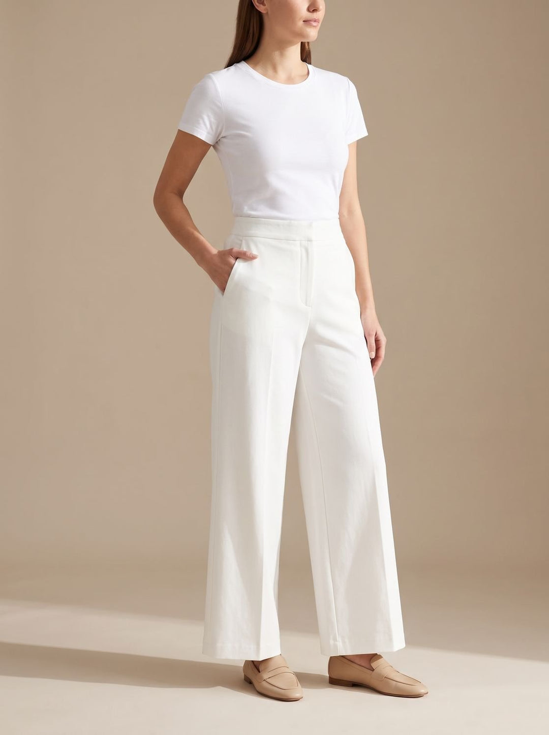 Damen Highwaist Wide-Leg Hose mit elastischem Bund und Taschen - Weiß
