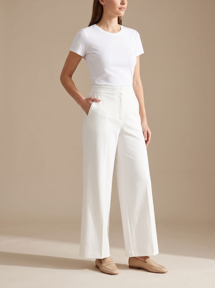 Damen Highwaist Wide-Leg Hose mit elastischem Bund und Taschen - Weiß