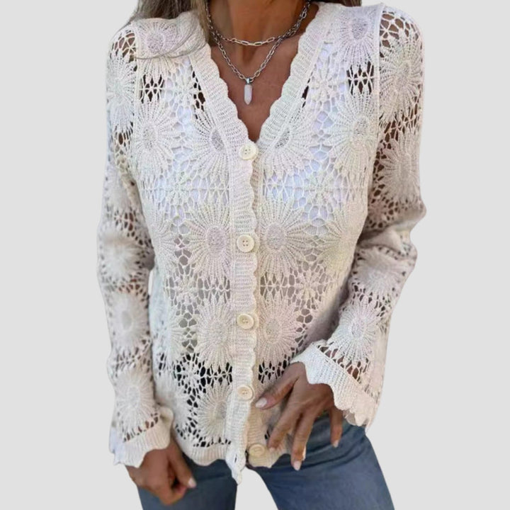 Damen Häkelspitzen-Strickjacke mit V-Ausschnitt und Knopfleiste - Aprikose