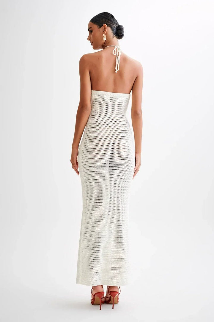 Damen Häkelstoff Neckholder Rückenfreies Maxikleid Knöchellang