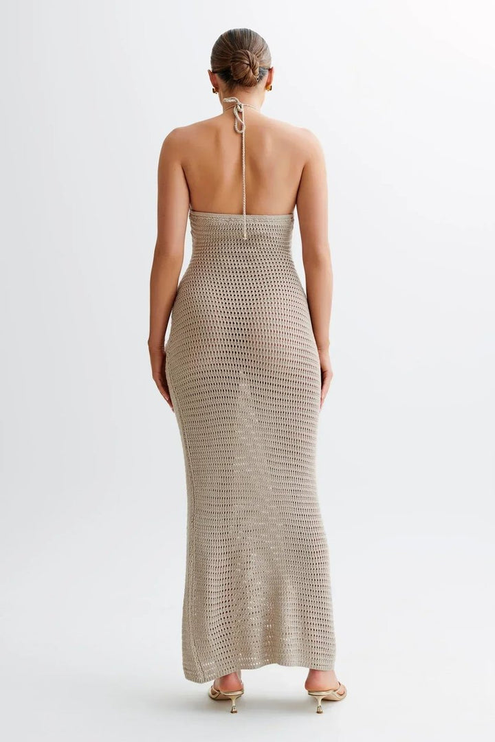 Damen Häkelstoff Neckholder Rückenfreies Maxikleid Knöchellang