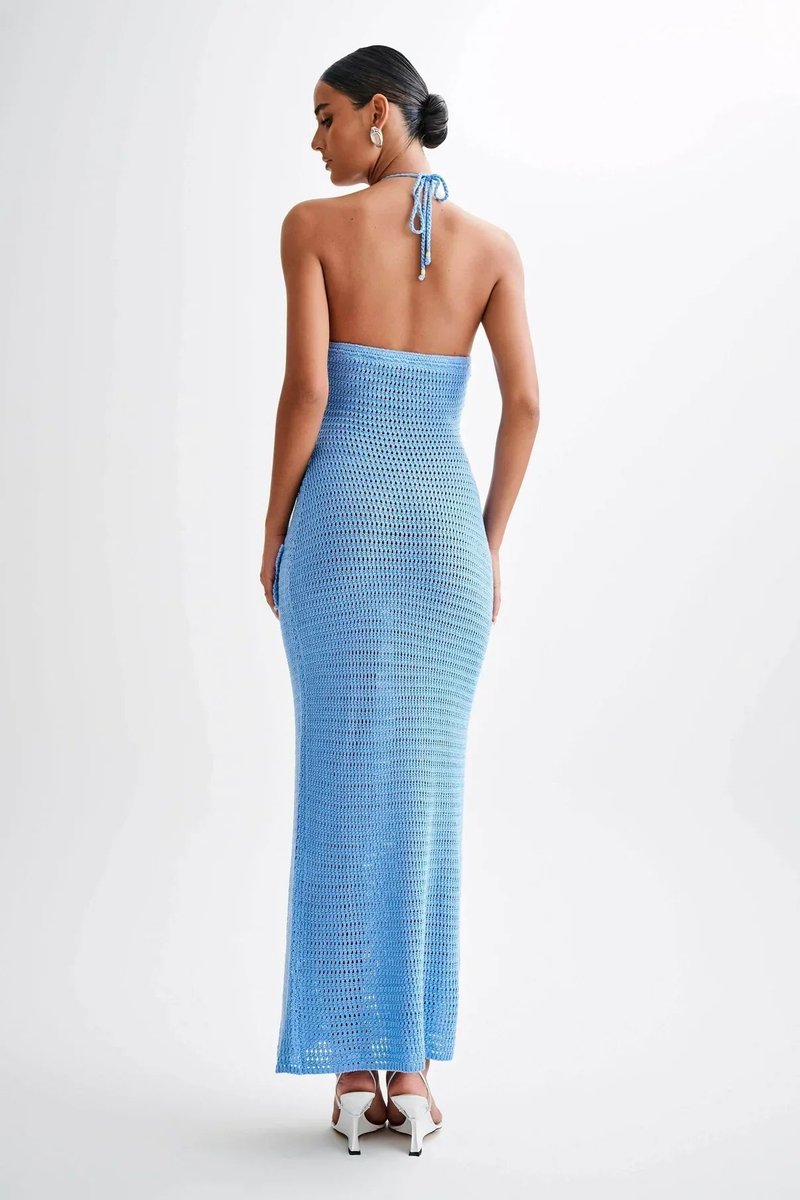 Damen Häkelstoff Neckholder Rückenfreies Maxikleid Knöchellang