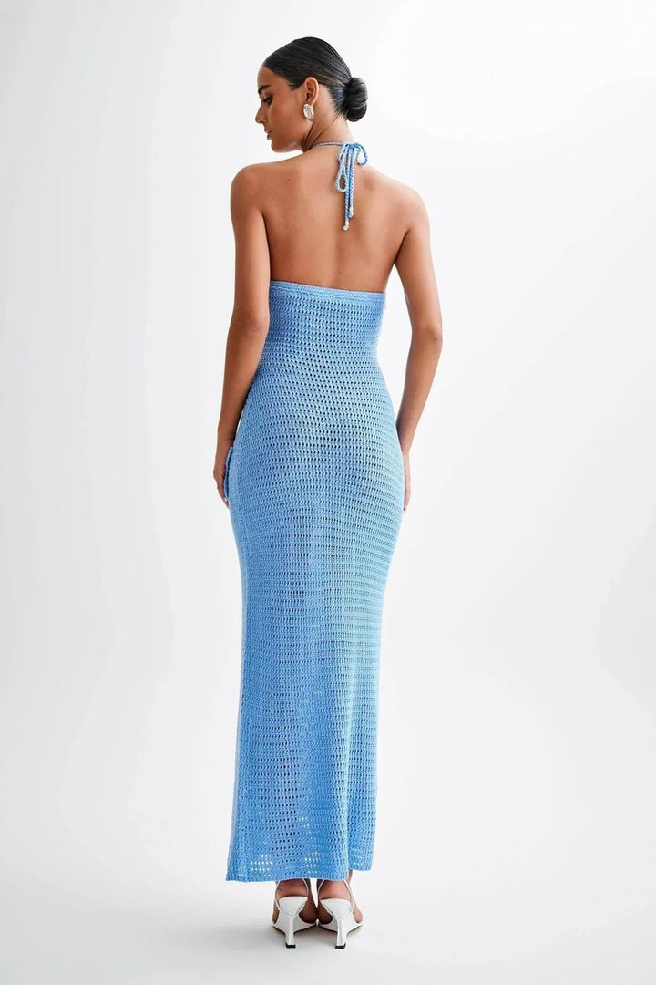 Damen Häkelstoff Neckholder Rückenfreies Maxikleid Knöchellang