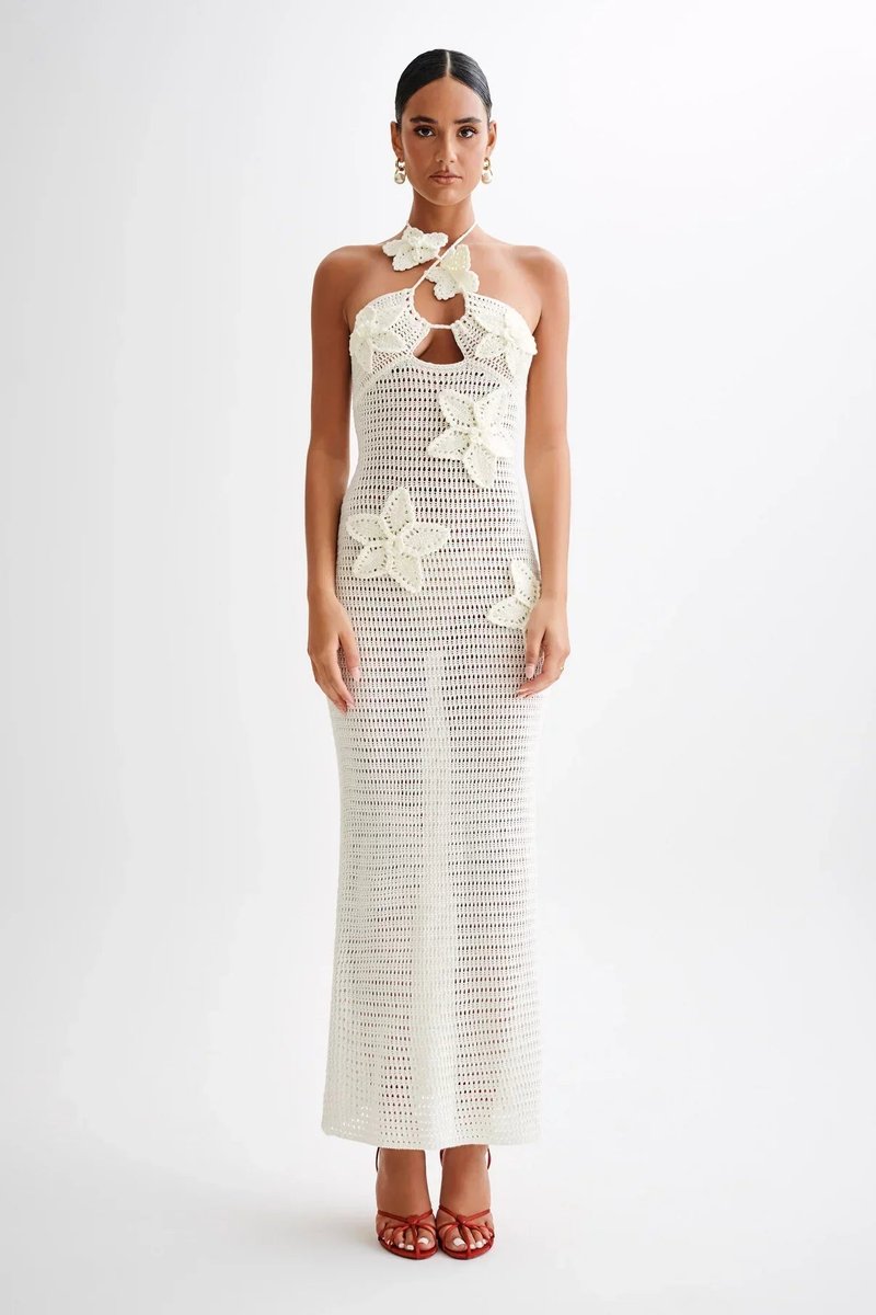 Damen Häkelstoff Neckholder Rückenfreies Maxikleid Knöchellang - Weiß
