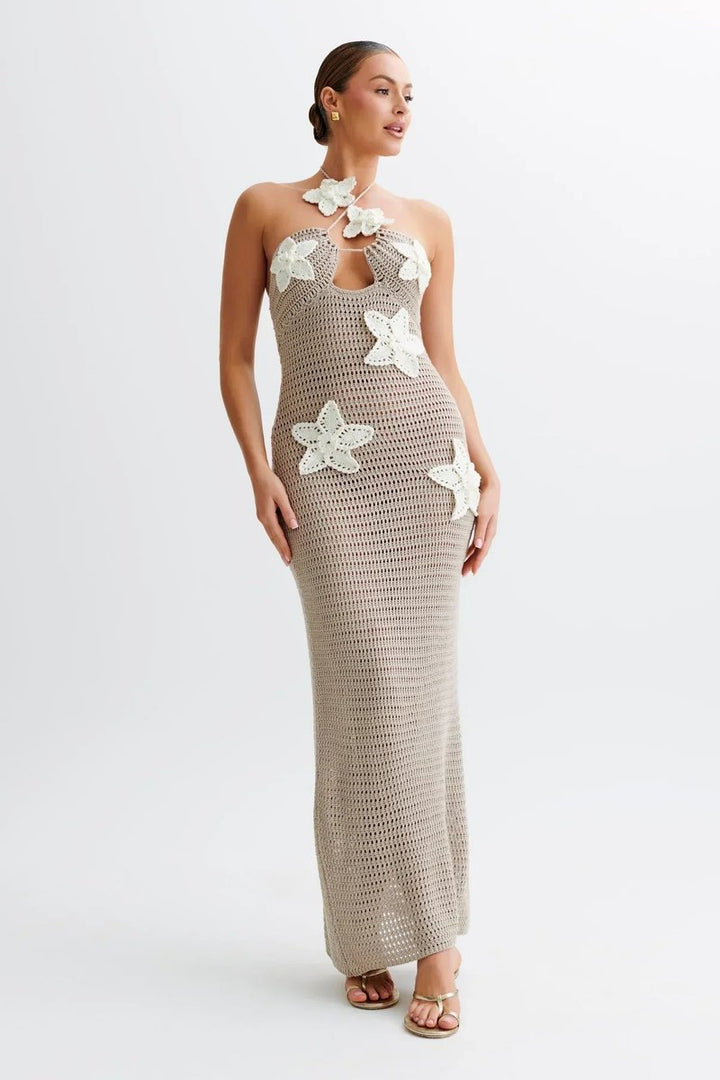Damen Häkelstoff Neckholder Rückenfreies Maxikleid Knöchellang - Beige